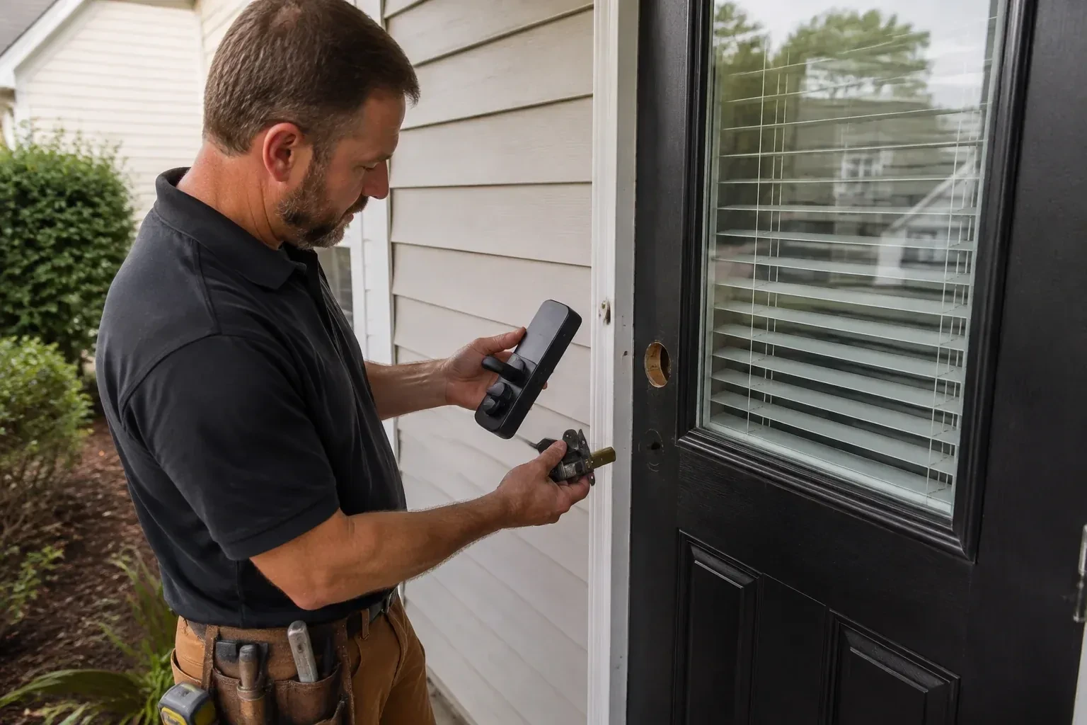 Person holding a black door-handle assembly and a latch beside a glazed door with exposed lock openings. — Smart Lock Installation, Norfolk County