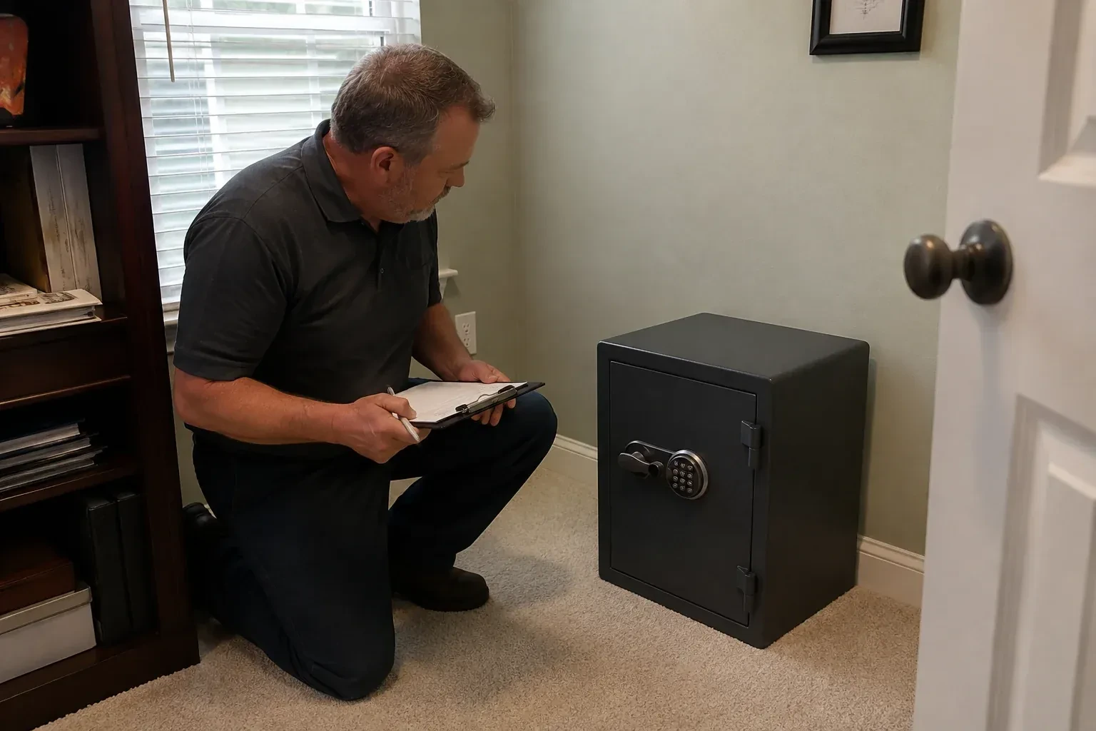 Person holding a clipboard beside a closed black safe with a circular keypad in a carpeted room. — Safe Installation & Servicing, Norfolk County