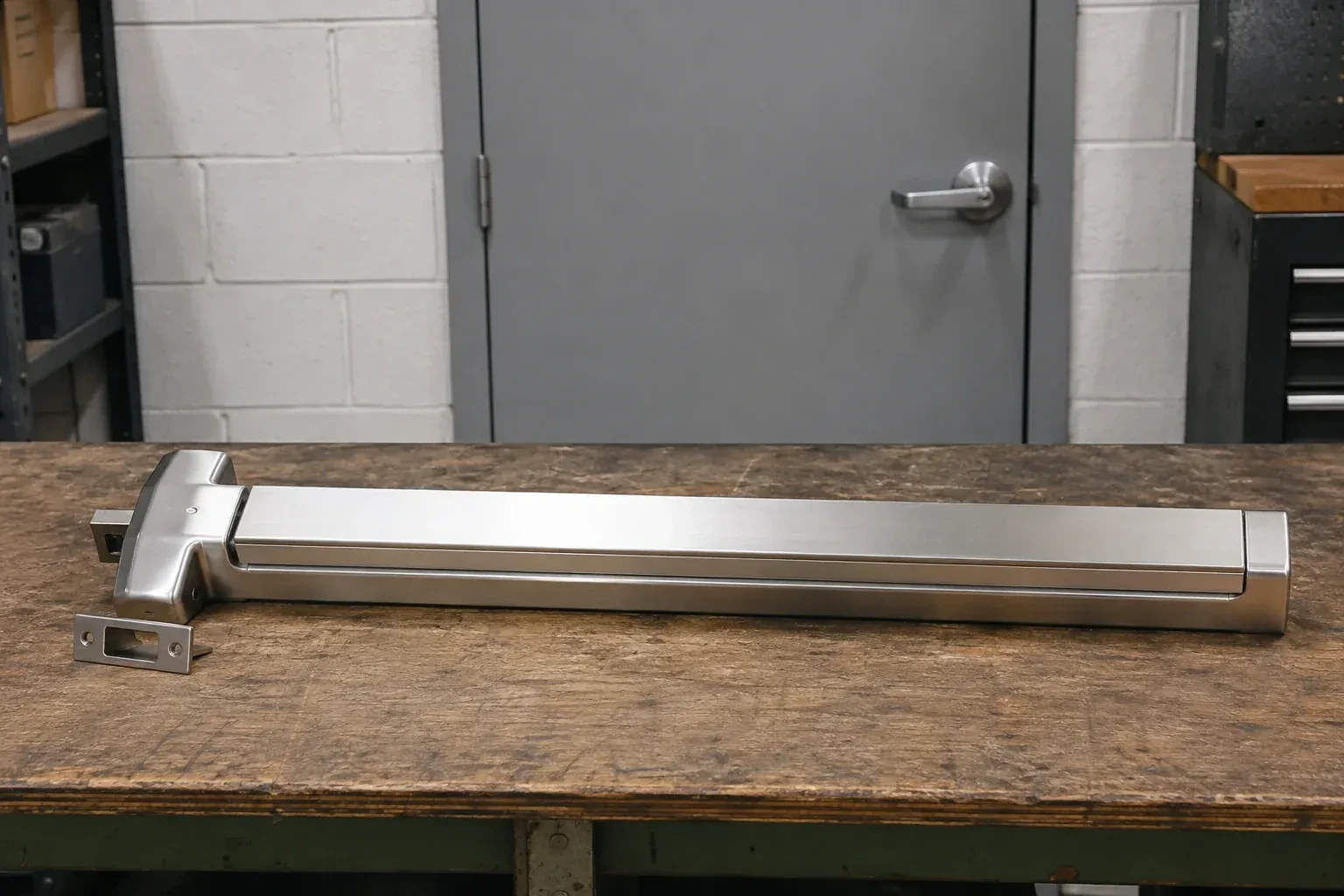 Detached horizontal exit device and separate strike component on a workshop bench. — Panic & Exit Hardware, Norfolk County
