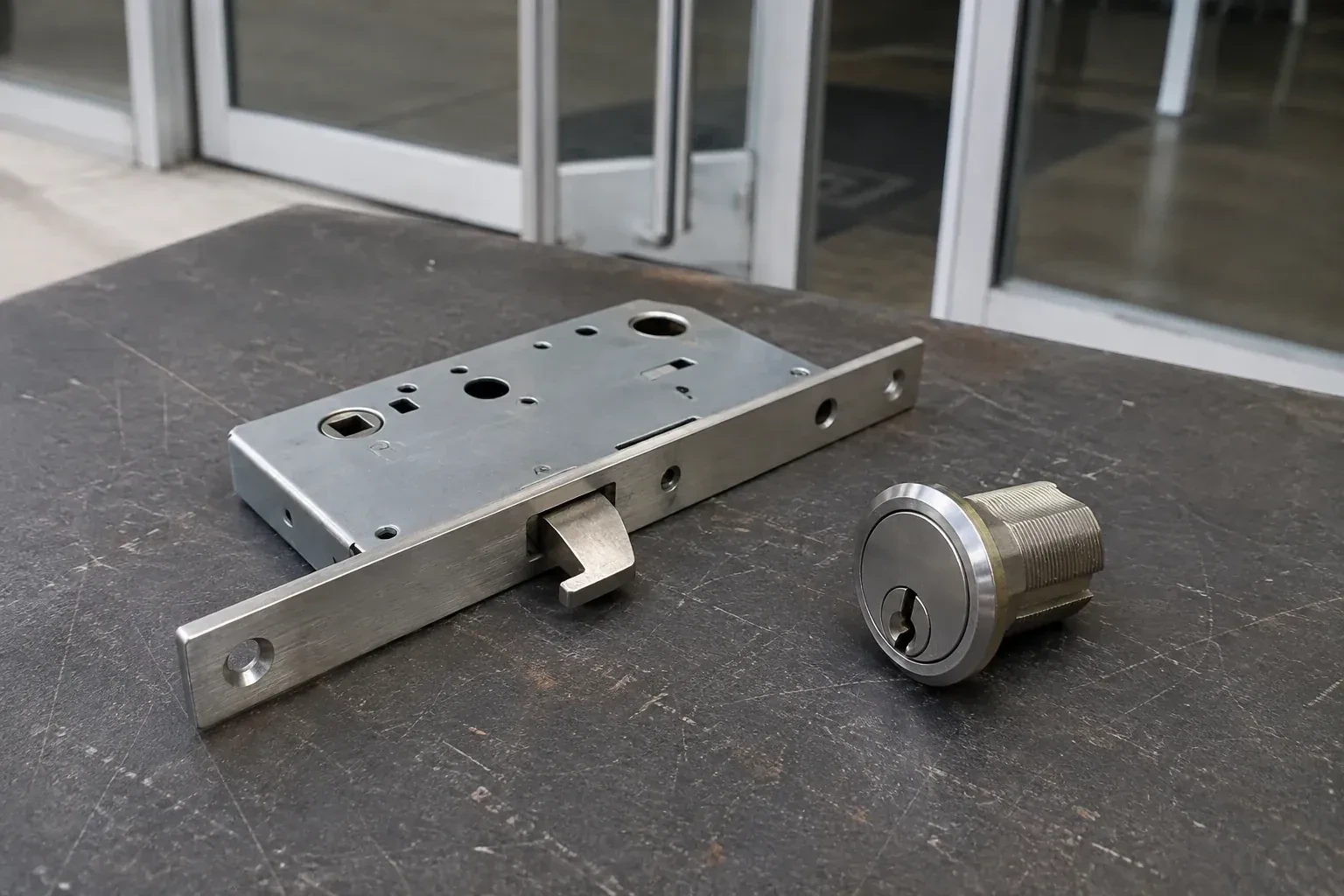 Detached mortise lock body with a projecting hook-shaped bolt beside a threaded cylinder. — Commercial-Grade Lock Replacement, Norfolk County