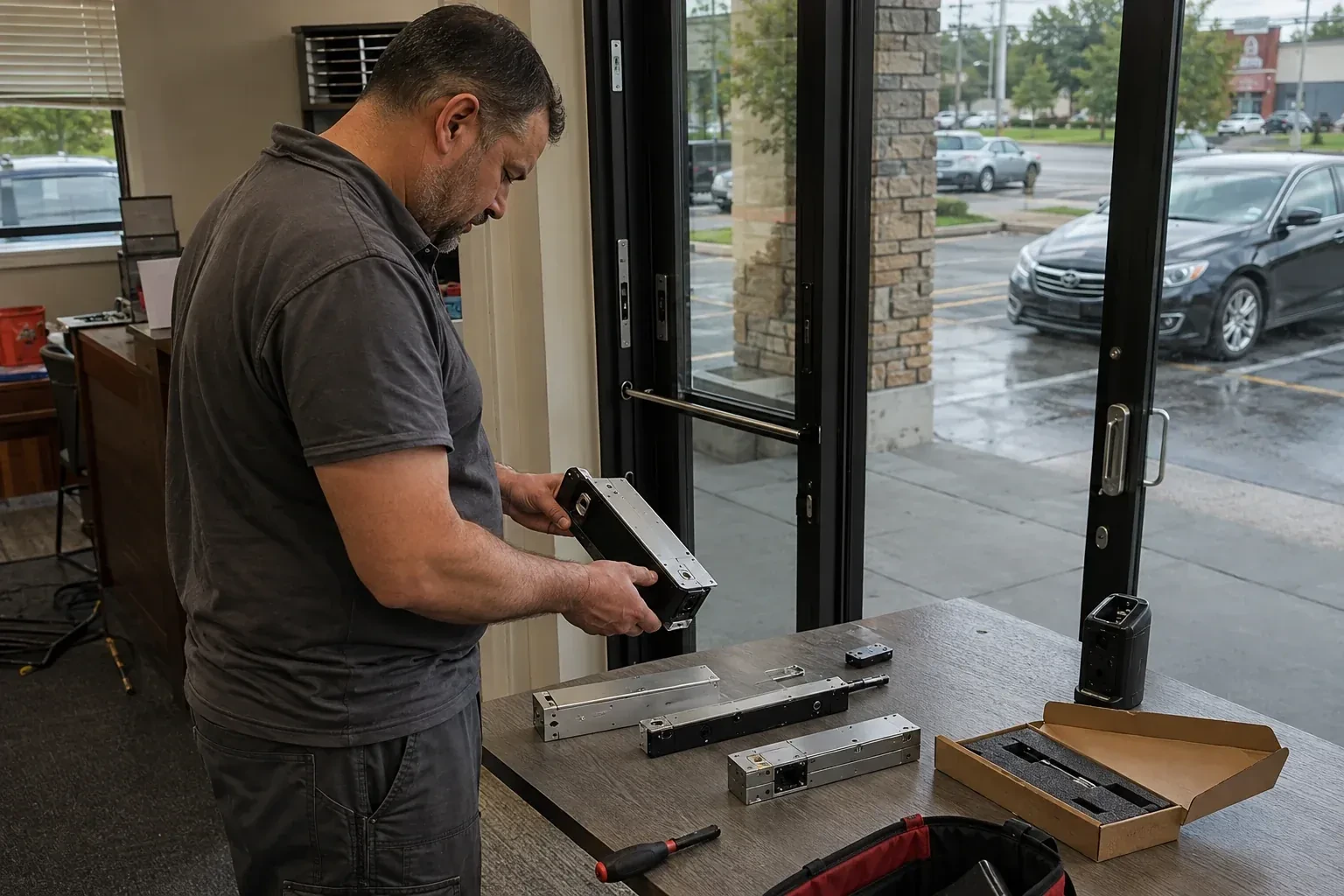 Person holding a rectangular door-hardware housing at a table with additional metal assemblies beside a glass entrance. — Access Control Installation, Norfolk County