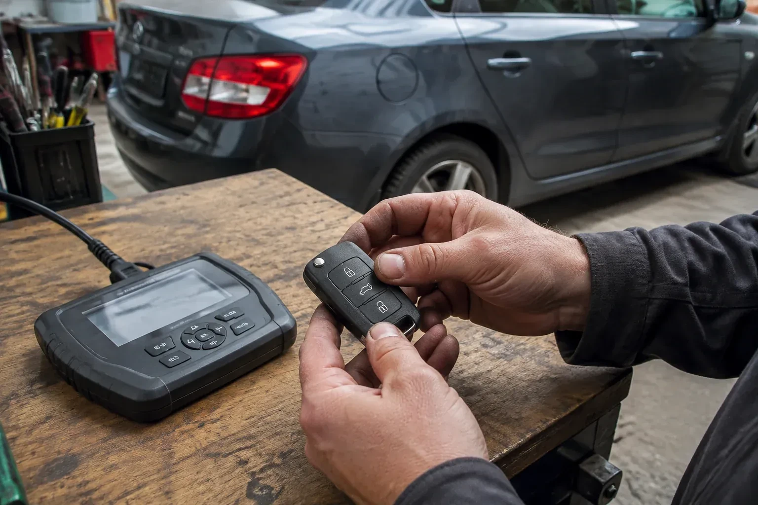 Hands holding a black car key fob above a workbench, beside a wired handheld device with a screen. — Car Key Replacement, Norfolk County