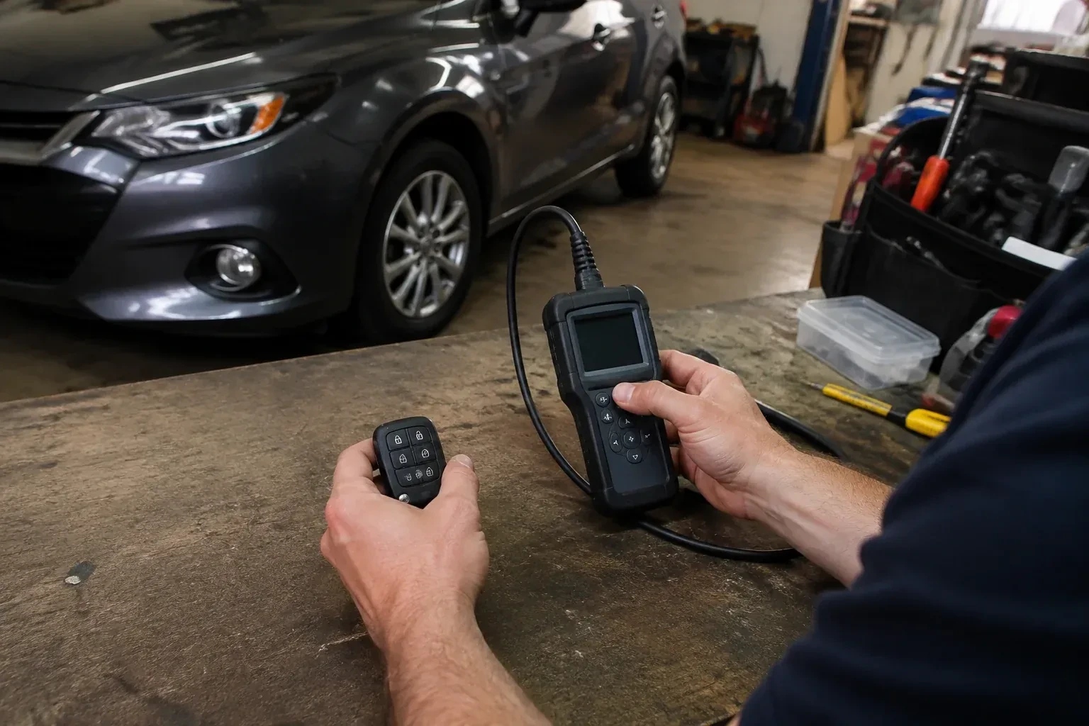 Hands holding a car-key fob and a small wired electronic device above a workbench in a garage with a parked car. — Key Fob Programming, Norfolk County