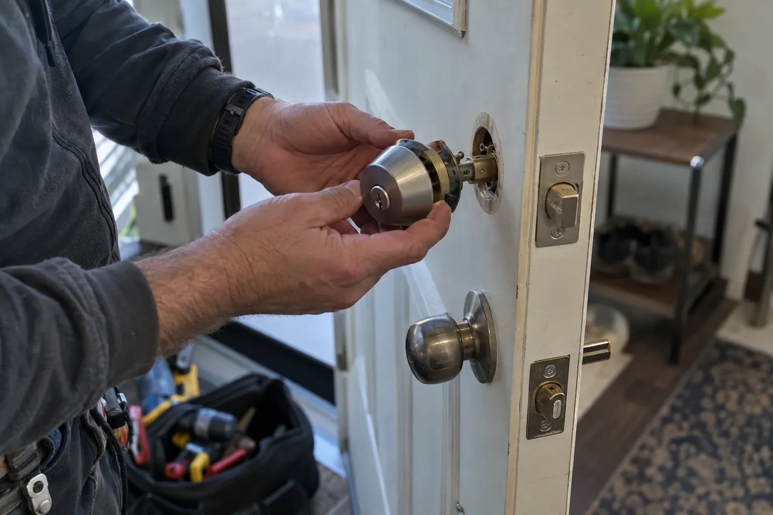 Hands lining up a steel deadbolt with the round bore in a white door above a knob, an open tool bag below.