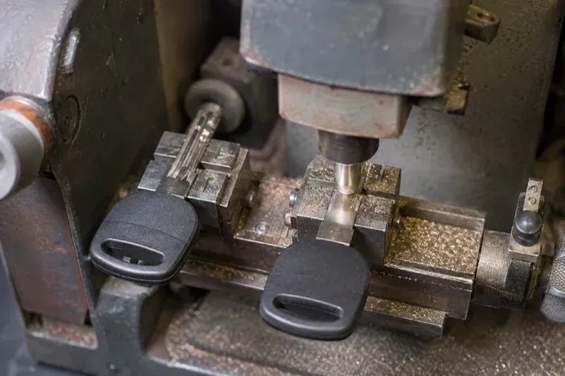 Two black-headed keys clamped in a bench machine, one beneath a vertical cutter, with metal shavings around the clamps. — Spare Car Key Duplication, Norfolk County