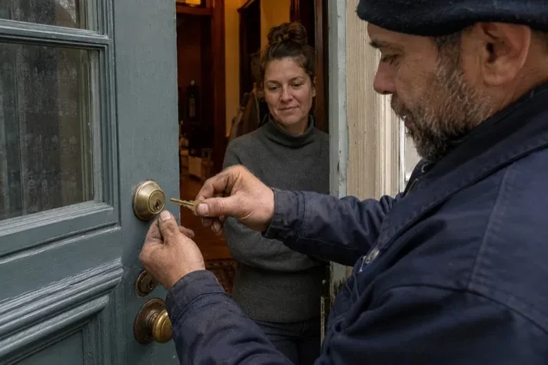 Person holding a key beside a brass-colored deadbolt on an open painted door while another person watches from inside. — Home Lockout Service, Norfolk County