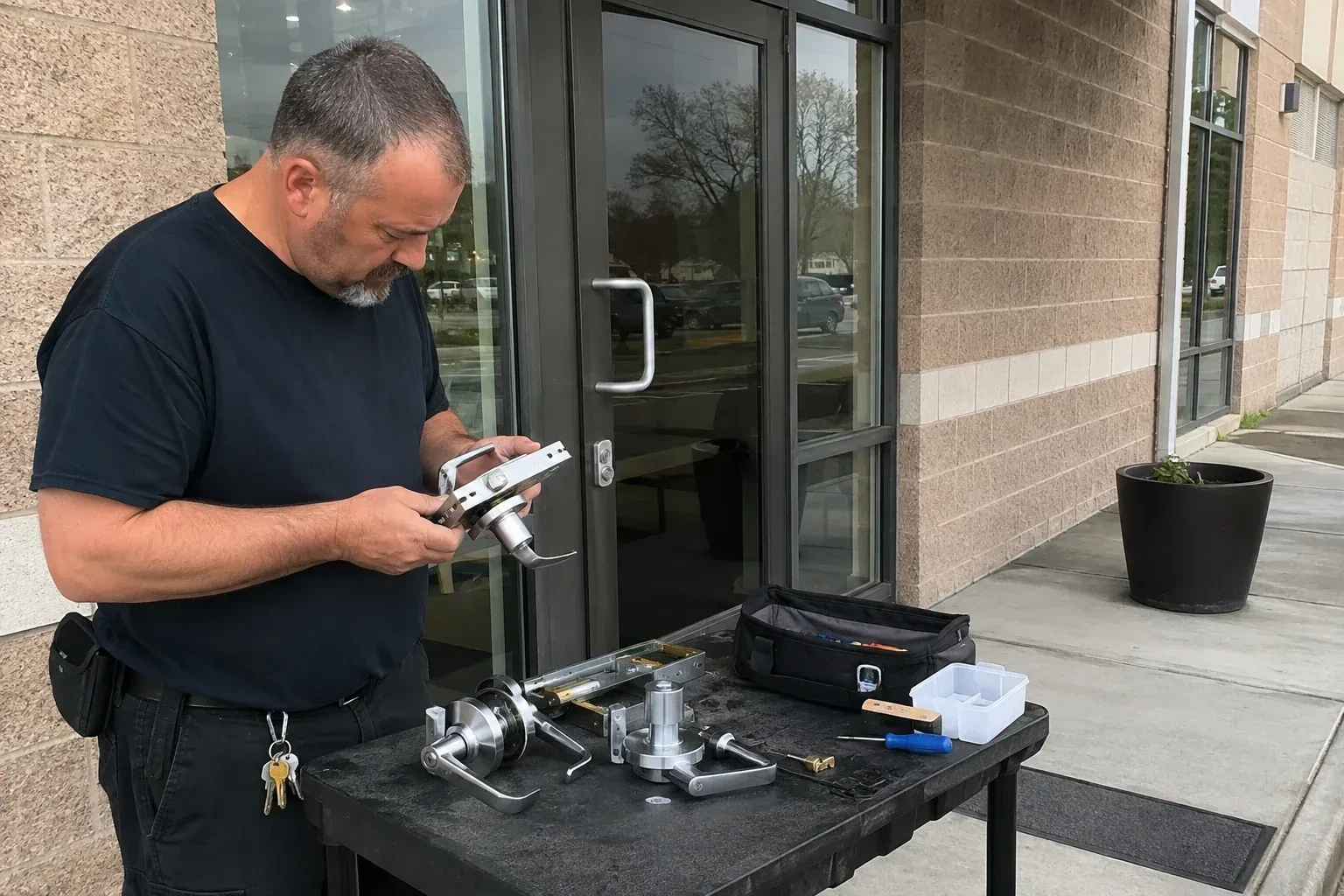 Person holding a door-handle and latch assembly at a worktable outside a glass entrance, with additional handles and tools laid out. — Commercial Rekeying, Norfolk County