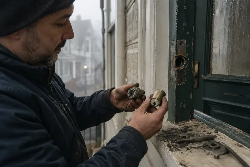 Person holding two lock cylinders beside an open painted door, with loose hardware and debris on the sill. — Seized & Jammed Lock Opening, Norfolk County