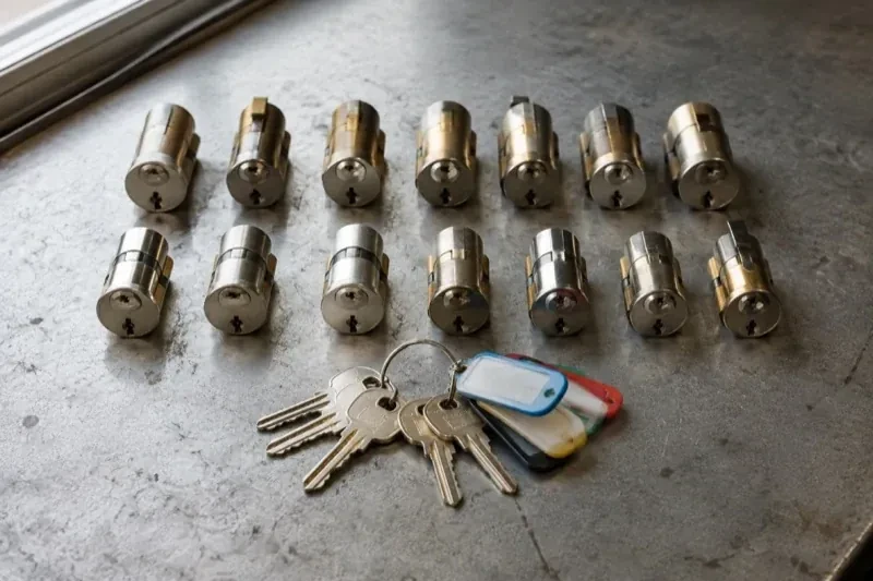 Two rows of lock cylinders on a metal surface with keys and colored key tags in front. — Master Key System Design, Norfolk County