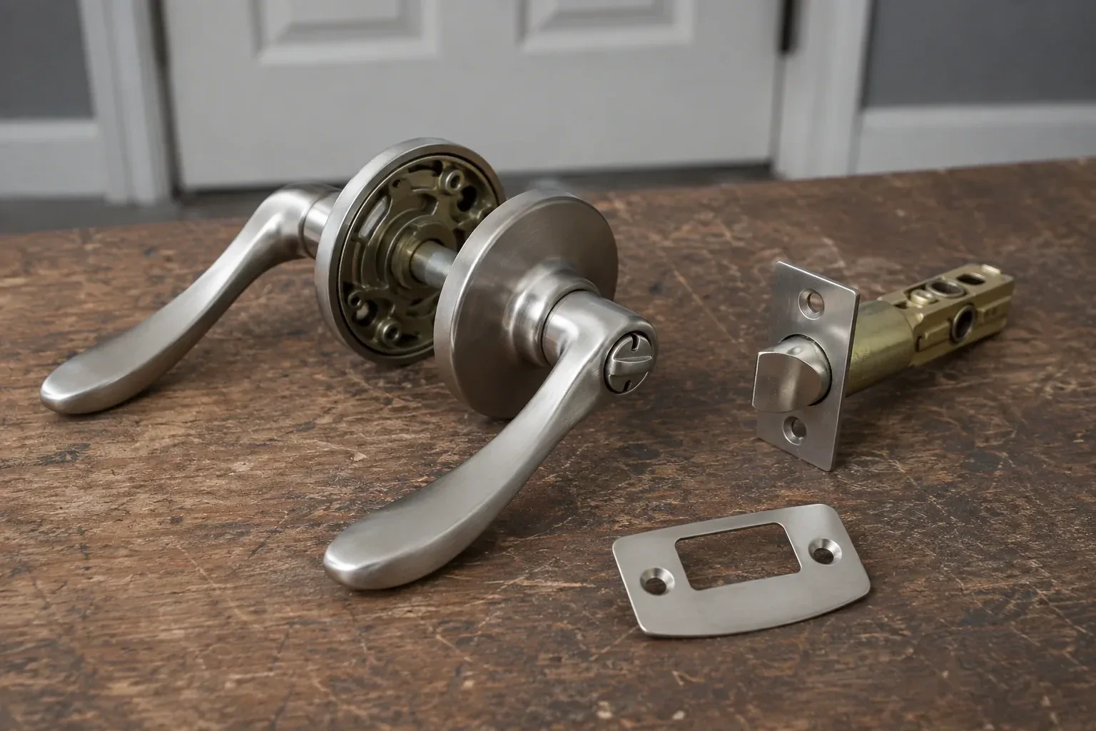 Detached satin-nickel lever hardware, tubular latch and strike plate on a wooden workbench. — Lock Replacement & Upgrade, Norfolk County