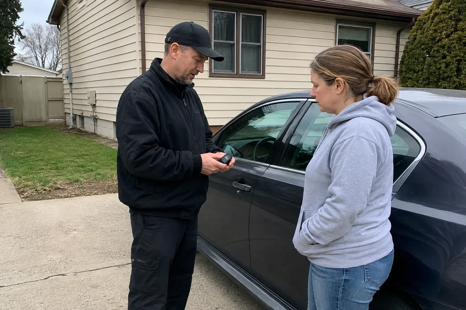 Two people standing beside a parked sedan, one wearing a cap and holding a small black device. — Vehicle Lock Repair, Norfolk County