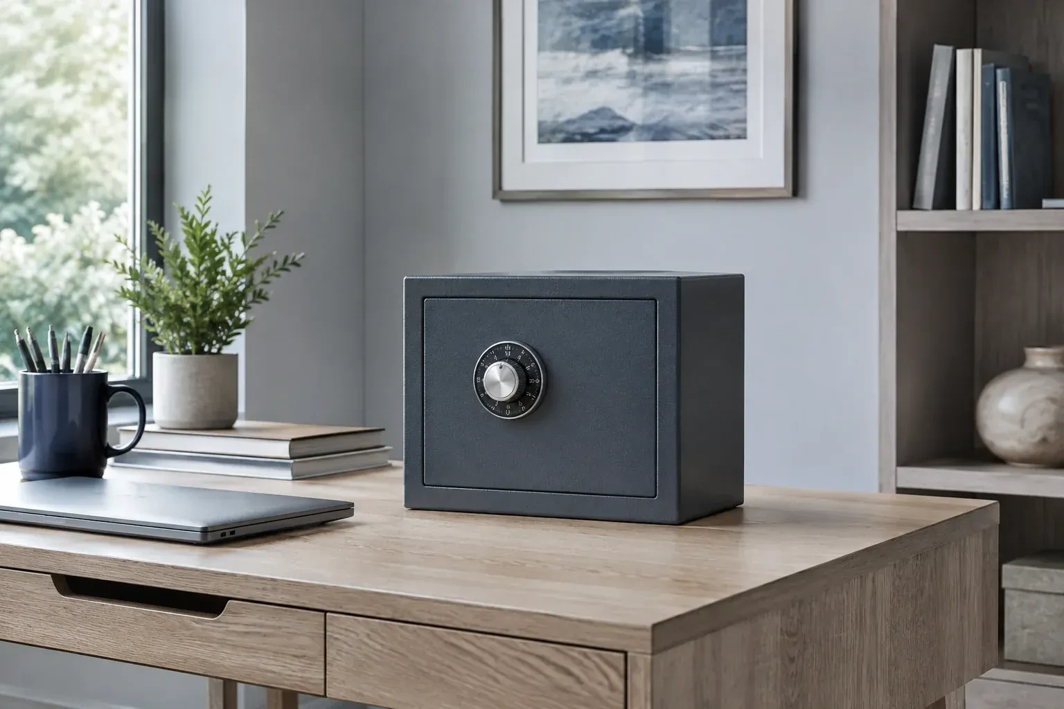 Small dark safe with a combination dial on a wooden desk beside a closed laptop and books. — Safe Opening & Combination Change, Norfolk County