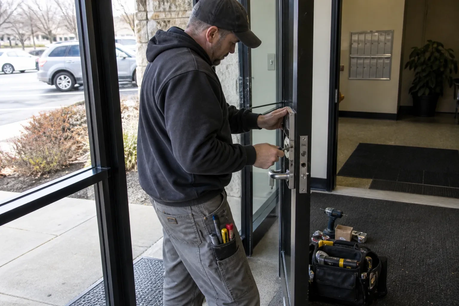 Technician in a cap and hooded sweatshirt using a small screwdriver on the lever handle and lock case of a glass door.