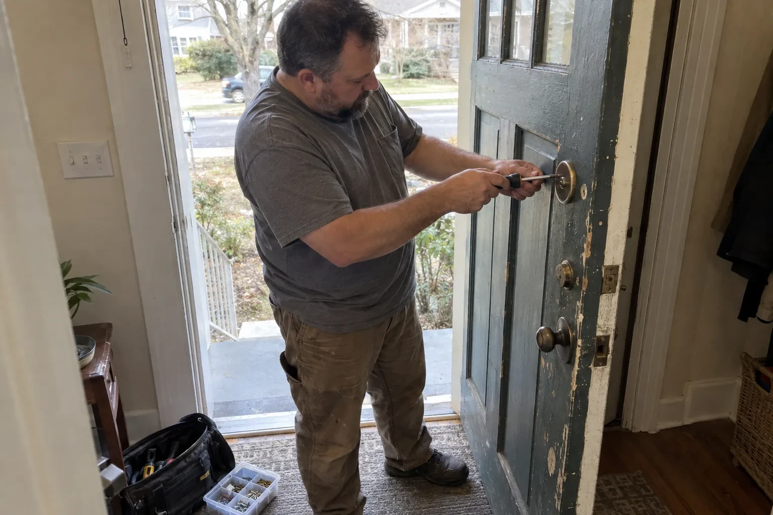 Technician using a screwdriver on the deadbolt of an open blue-gray front door, with a tool bag and screw tray nearby. — Deadbolt Installation, Norfolk County