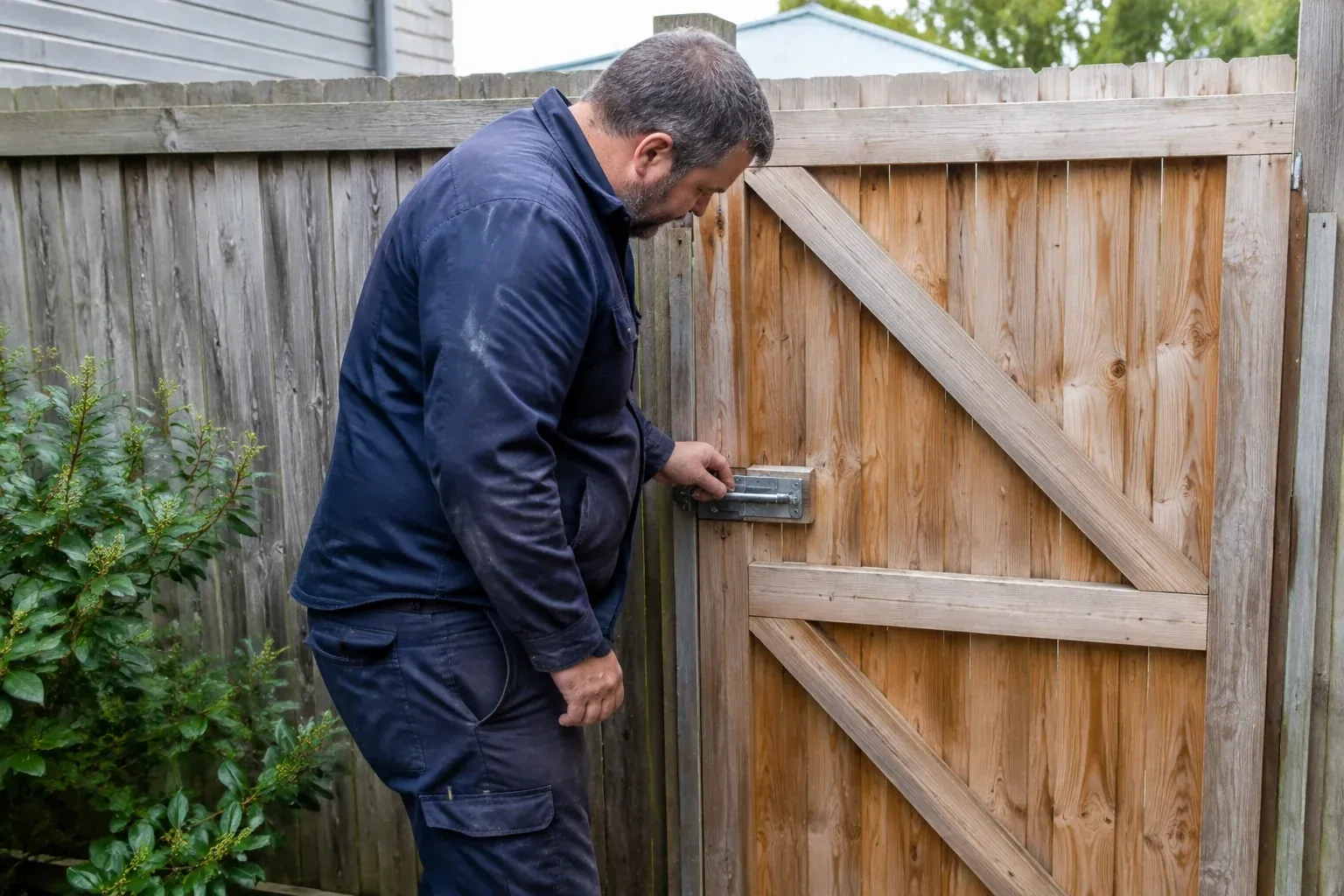 Person touching the sliding metal bolt on a wooden garden gate. — Gate & Building Entry Locks, Norfolk County