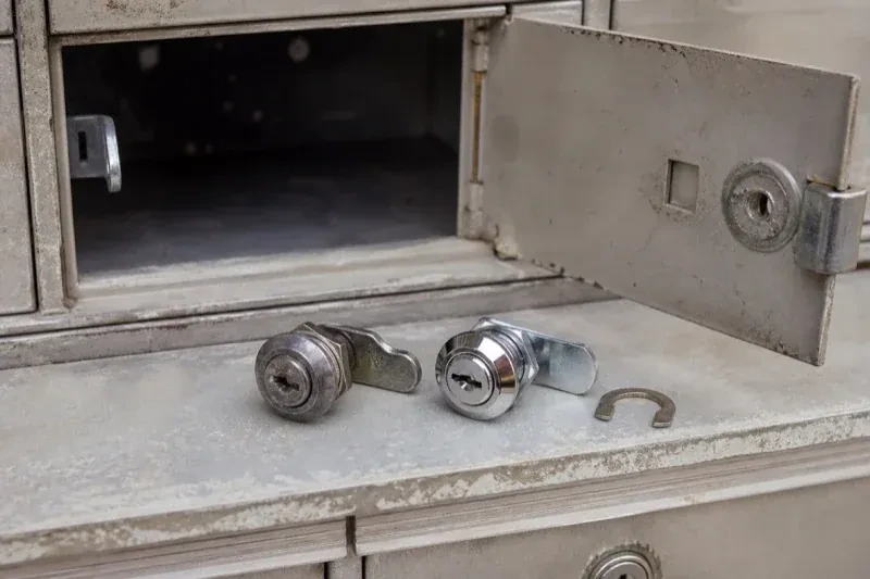 Two loose cam locks and a retaining clip resting below an open metal mailbox compartment. — Mailbox Lock Replacement, Norfolk County