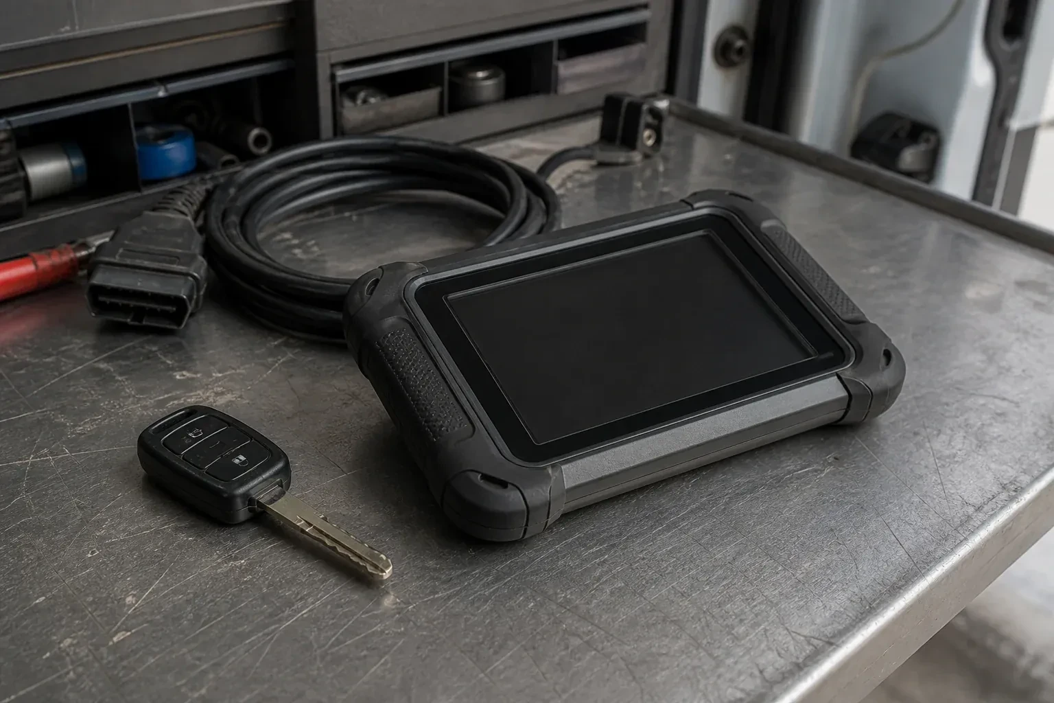 Vehicle key beside a dark diagnostic tablet and coiled connector cable on a workbench. — Transponder Key Programming, Norfolk County
